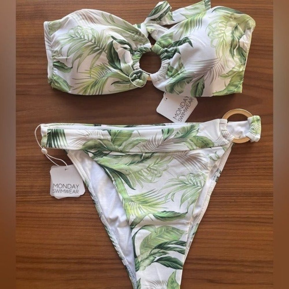 Monday Swimwear Green Palm Print Ring-Detail Bikini